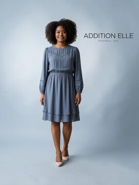 Addition Elle, Blue Grey Dress, Size X, Long Sleeve Tiered Viscose Dress